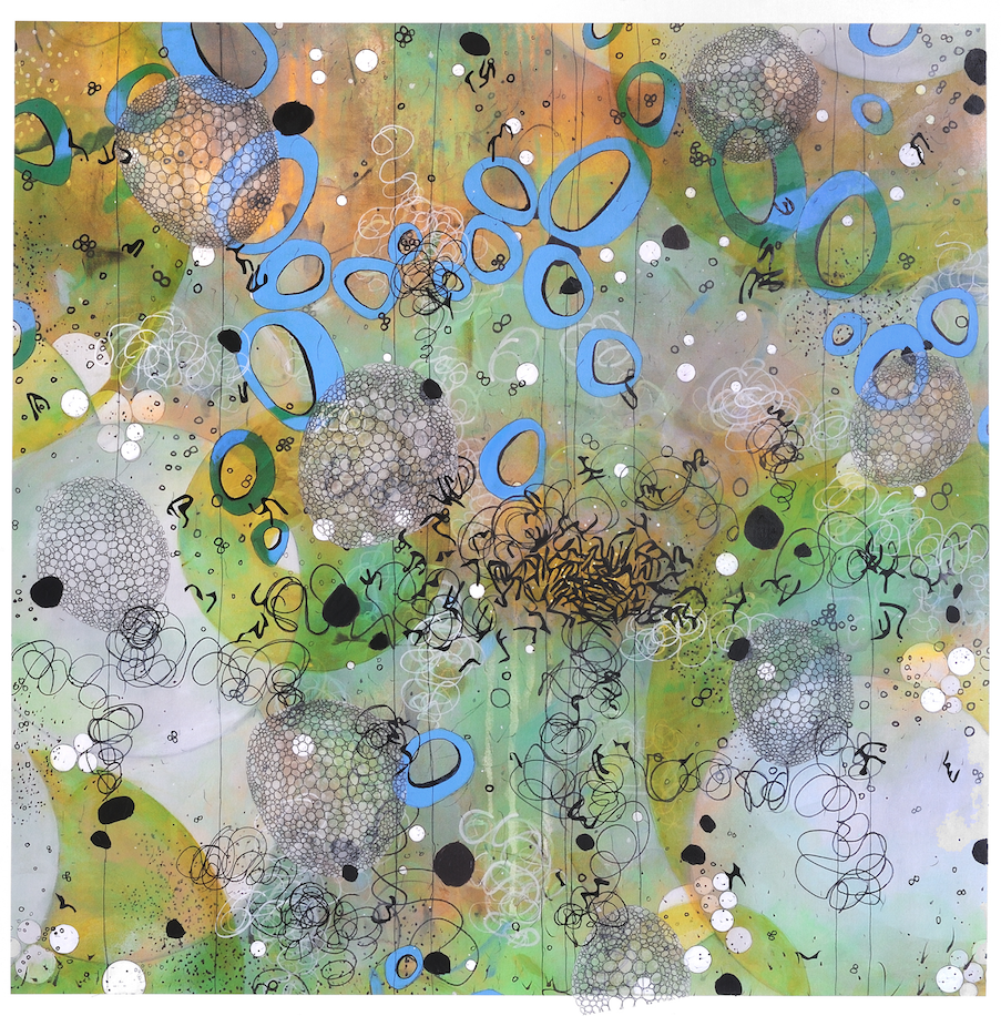 Betsy Stewart, "Microaquea, No. 2," Monoprint with acrylic, ink and mylar on canvas, 2014