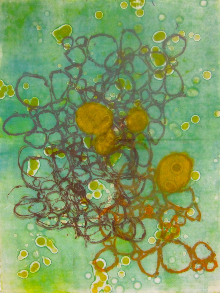 Ellyn Weiss, "Micro-organismic (spring)," monoprint on kozo paper, 2012.