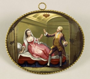 Painted copper roundel showing a scene from "Romeo and Juliet" from the 1750s production starring David Garrick and George Ann Belamy. Courtesy of the Folger Shakespeare Library.